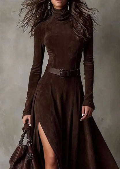 Coffee Patchwork Sashes Side Open Maxi Dresses Spring