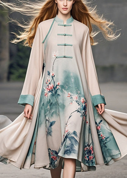 Apricot Print Chinese Button Chiffon Dress Fall