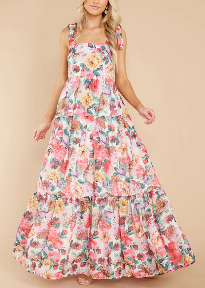 Pink Print Wrinkled Lace Up Patchwork Cotton Dress Summer