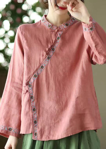 Red Stand Collar Embroidered Linen Shirt Top Long Sleeve
