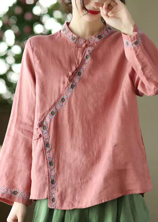 Red Stand Collar Embroidered Linen Shirt Top Long Sleeve