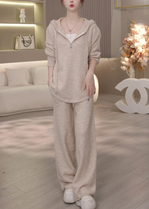 Apricot Hooded Tops and Pants Cotton Two Piece Set Winter