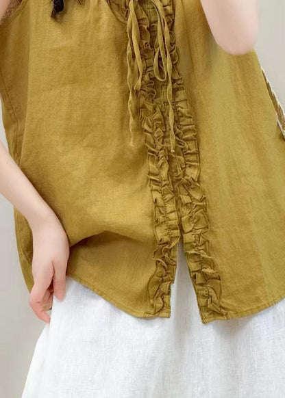 Yellow Ruffled Linen Shirt Tops Sleeveless