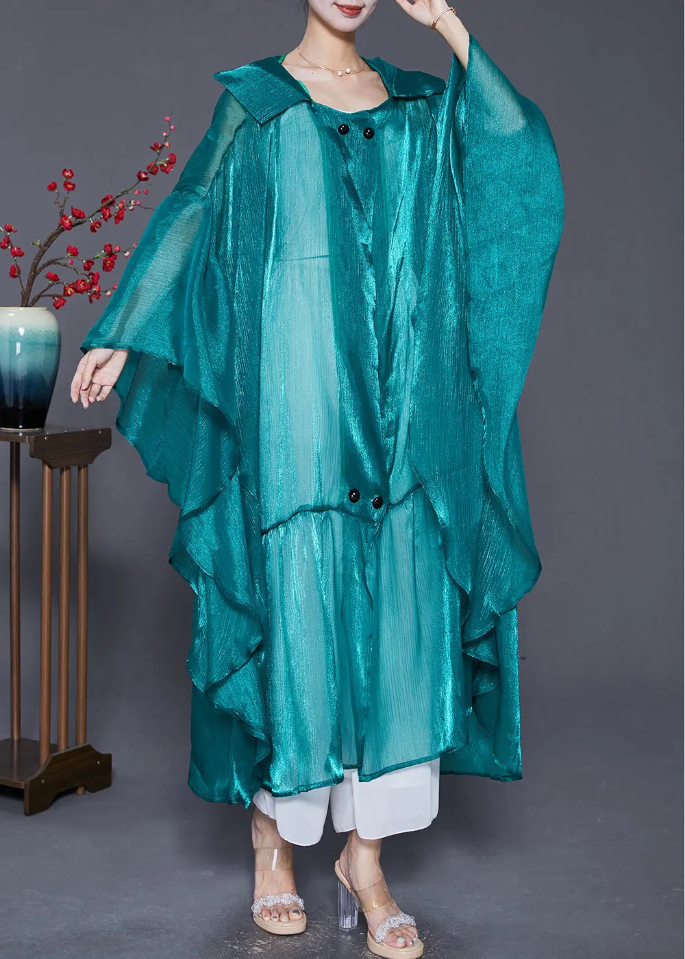 Loose Peacock Green Hooded Patchwork Silk Long Cardigans Summer