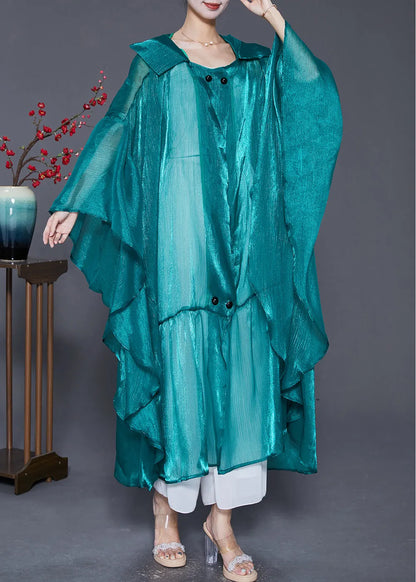 Loose Peacock Green Hooded Patchwork Silk Long Cardigans Summer