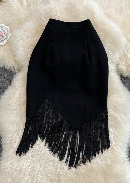 Black Asymmetrical High Waist Tassel Skirt Spring