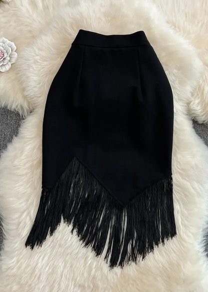 Black Asymmetrical High Waist Tassel Skirt Spring