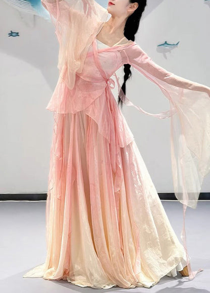 Gradient Color Pink V Neck Silk Top and Maxi Skirts Two Pieces Set Flare Sleeve