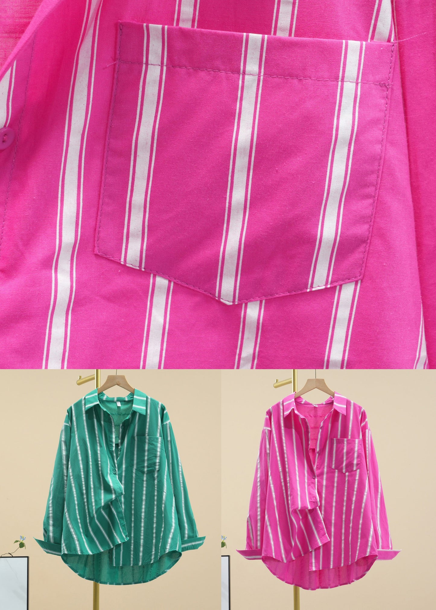 Rose Striped Pockets Cotton Fall Shirts Peter Pan Collar