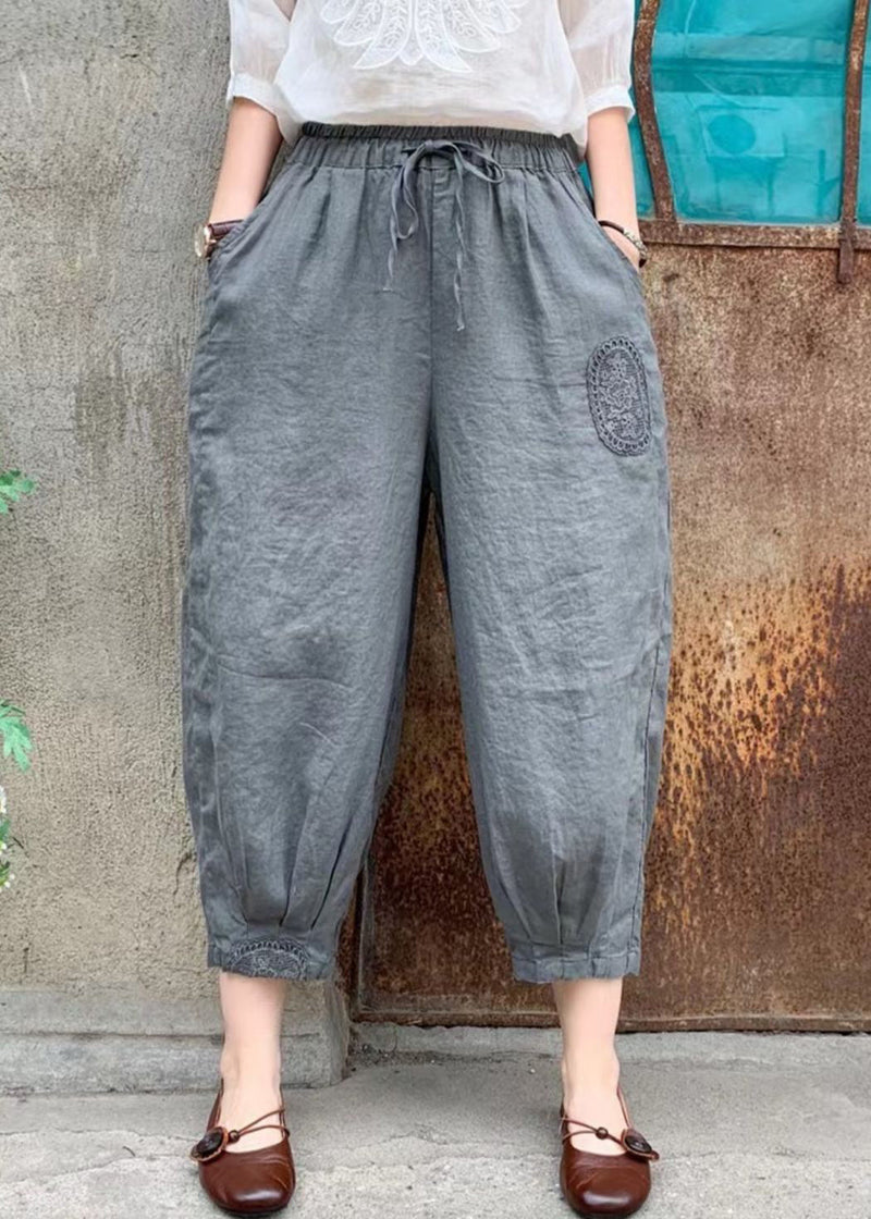 Linen Lace Up Elastic Waist Linen Crop Pants Summer