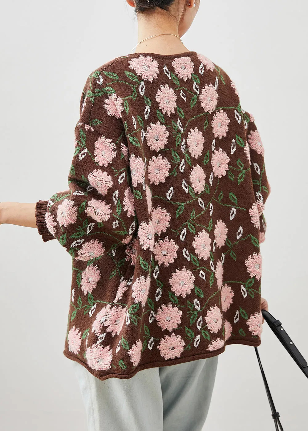 Simple Coffee Oversized Jacquard Knit Cardigan Winter