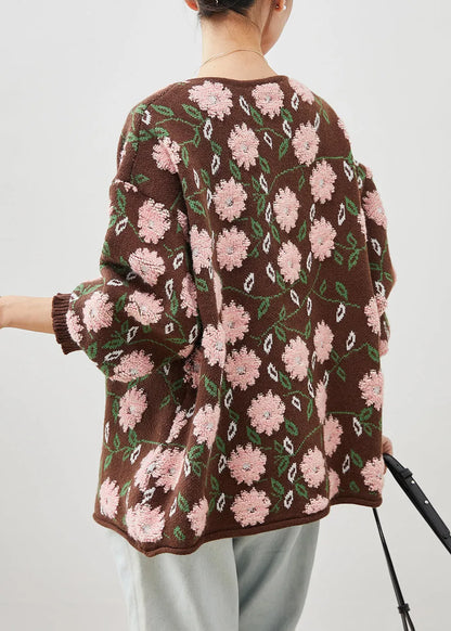 Simple Coffee Oversized Jacquard Knit Cardigan Winter