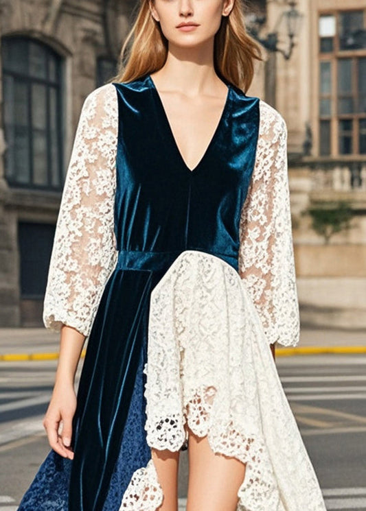 Navy Asymmetrical Lace Patchwork Silk Velvet Dresses Summer