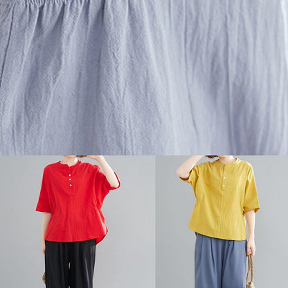 French Yellow Linen Cotton Linen Tops Blouses Cotton Button Down Elastic Waist Blouse
