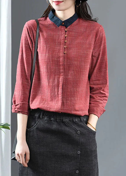 Red Peter Pan Collar Patchwork Cotton Shirt Long Sleeve