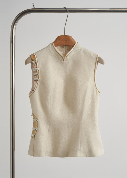 Beige Chinese Button Hollow Out Oriental Vests Fall