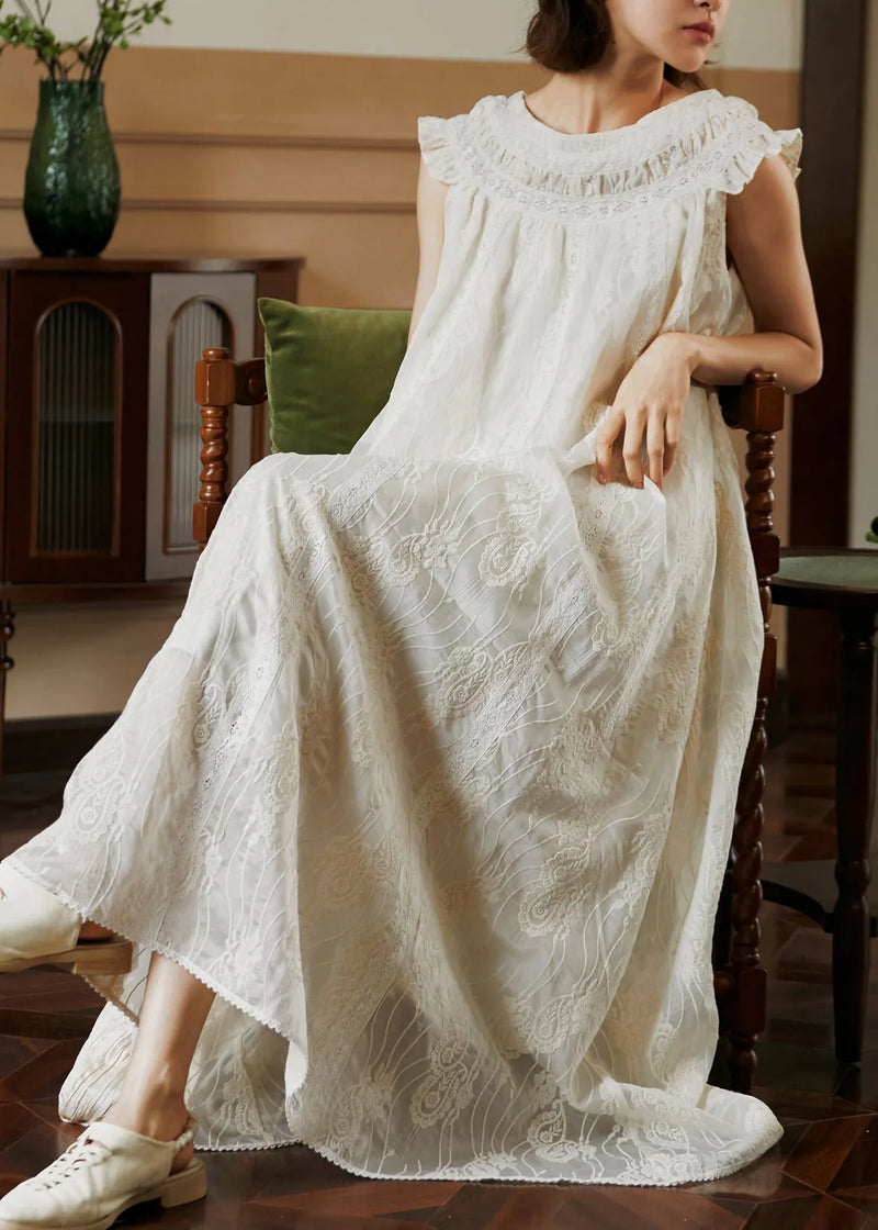 French Beige Ruffled Embroidered Lace Dress Summer
