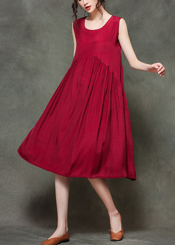 Rose O-neck Wrinkled Long Dresses Sleeveless