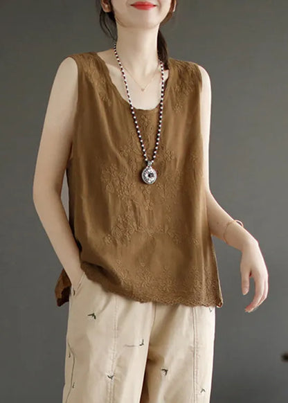 Simple Brown Yellow O-neck Cotton Tops Summer