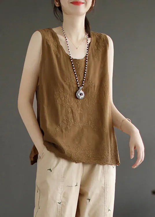 Simple Brown Yellow O-neck Cotton Tops Summer