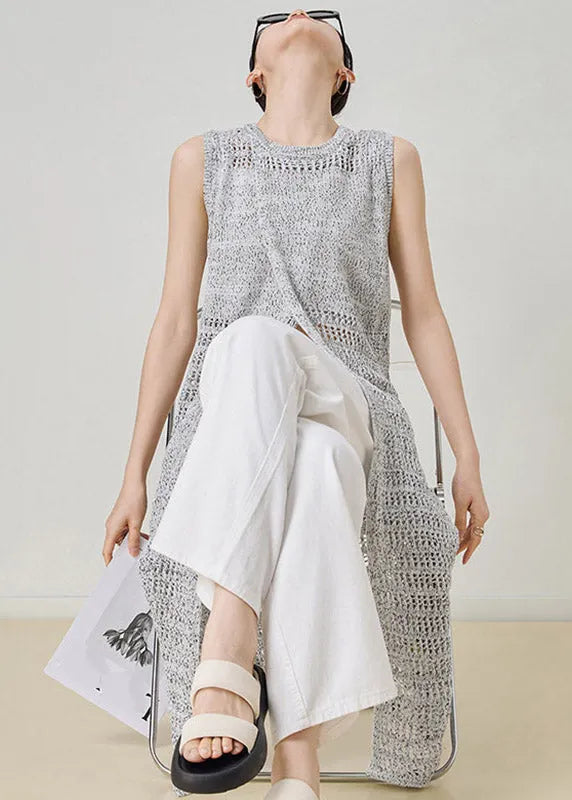 Grey O-neck Hollow Out Long Knit Cardigans Sleeveless
