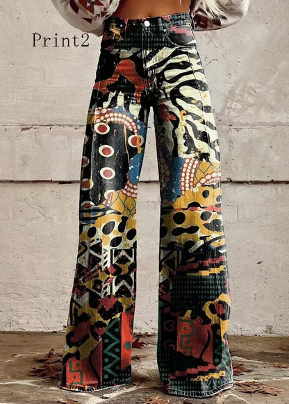 Print Pockets Loose Denim Wide Leg Pants High Waist Spring