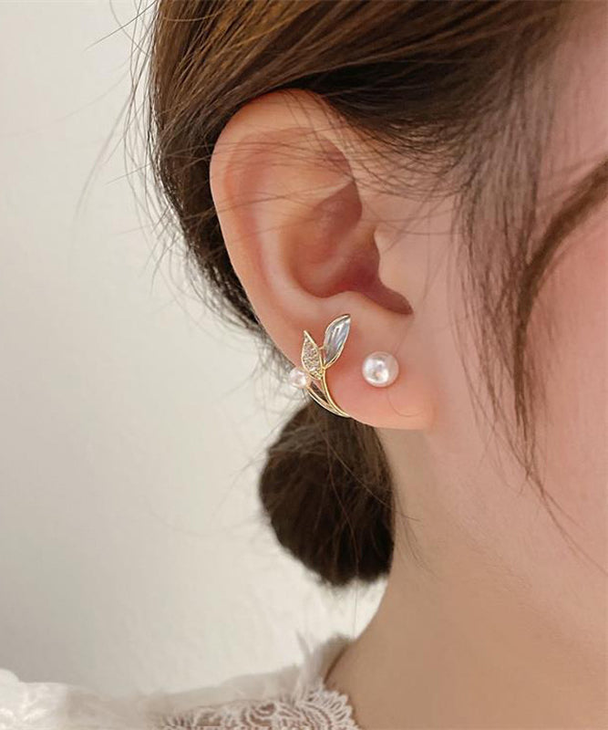 Gold Sterling Silver Alloy Zircon Pearl Leaves Hoop Earrings