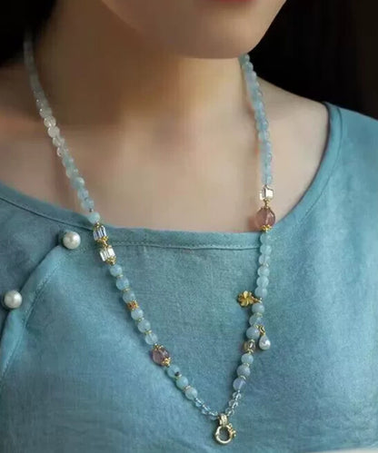 Light Blue Alloy Jade Beading Tassel Pendant Necklace