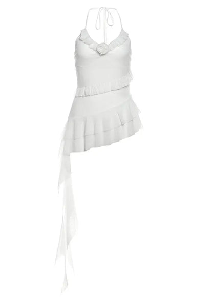 French White Asymmetrical Ruffled Patchwork Tank Tops Sleeveless