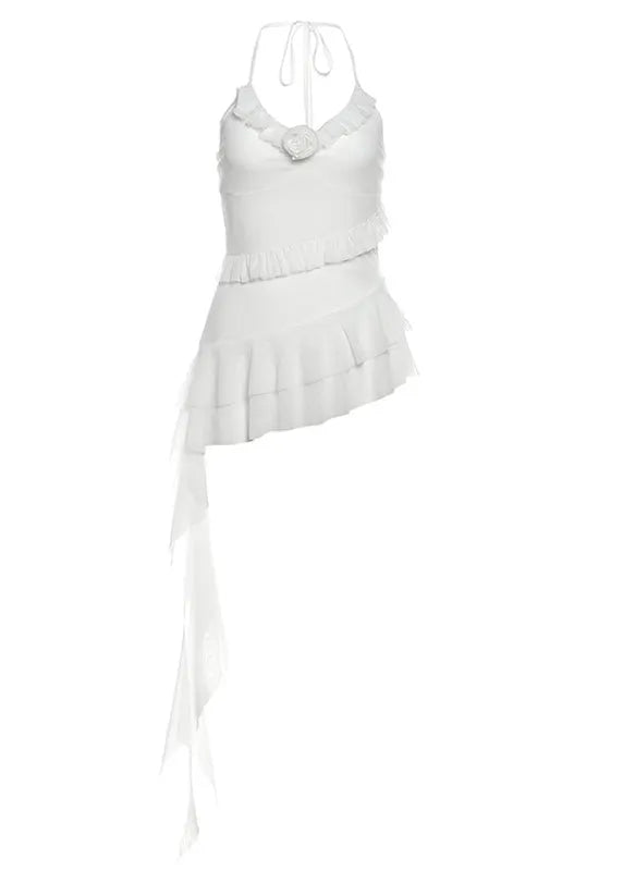 French White Asymmetrical Ruffled Patchwork Tank Tops Sleeveless