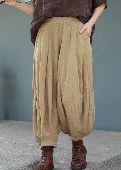 Purple Elastic Waist Pockets Patchwork Cotton Lantern Pants Summer