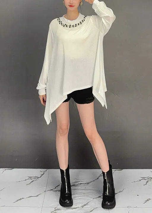 White O-neck Asymmetrical Cotton T Shirt Top Fall