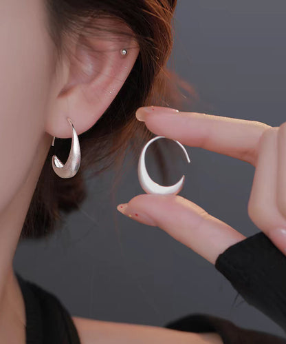 Modern Silk Sterling Silver Crescent Moon Hoop Earrings