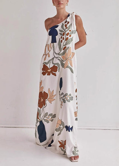 Italian White One Shoulder Print Cotton Vacation Dresses Summer