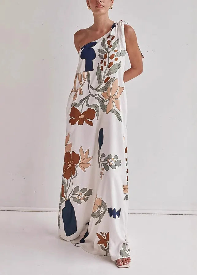 Italian White One Shoulder Print Cotton Vacation Dresses Summer
