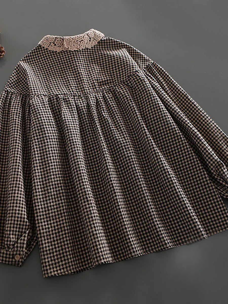Loose Breasted Lace Plaid Tops