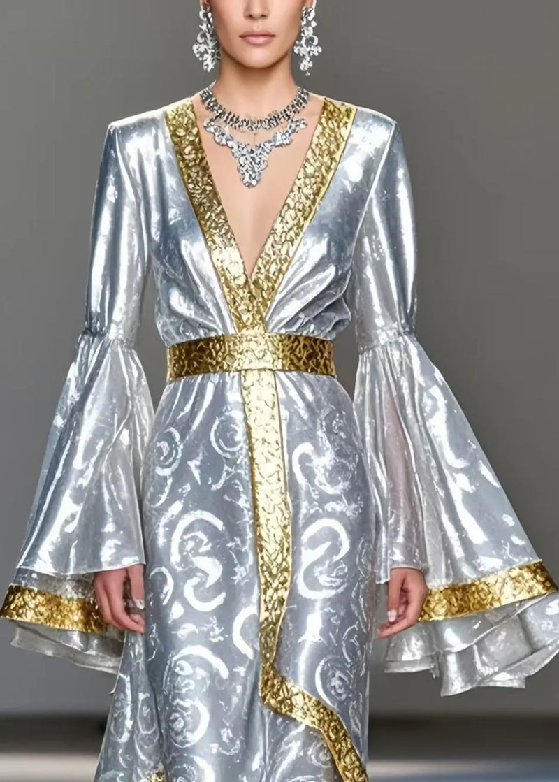 Stylish Silvery Print Patchwork Silk Party Dress Flare Sleeve