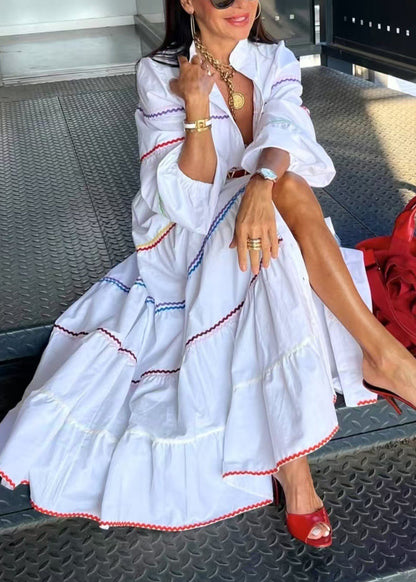 French White V Neck Striped Patchwork Cotton Long Dress Summer