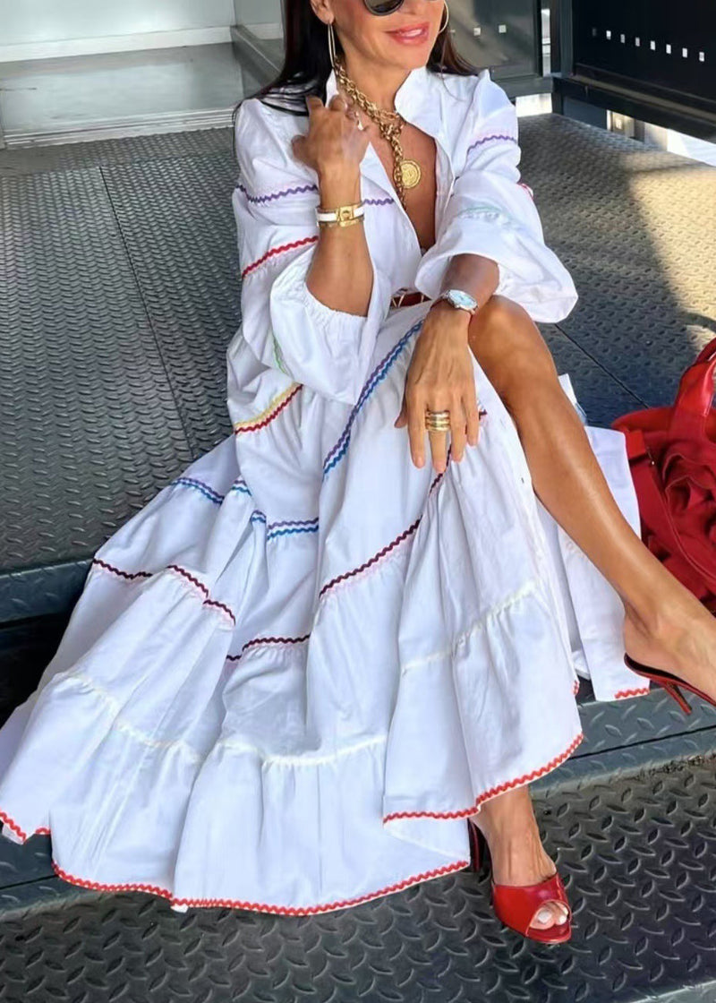 French White V Neck Striped Patchwork Cotton Long Dress Summer