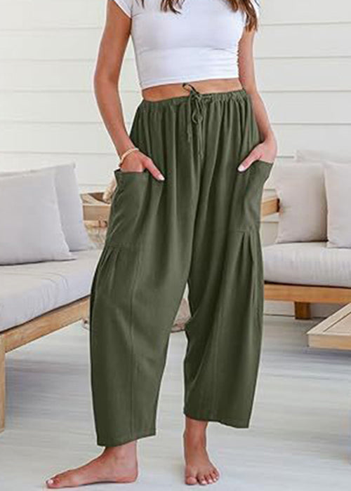 White Pockets Elastic Waist Cotton Pants Summer
