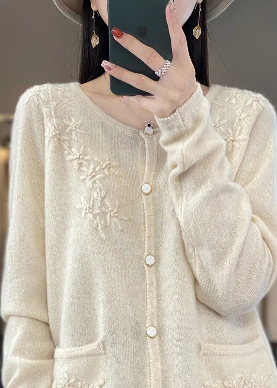 Unique Beige Button Cashmere Knit Cardigan Long Sleeve