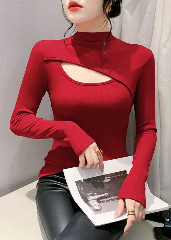 Slim Fit Red Hollow Out Patchwork Thin Warm Fleece Top Spring