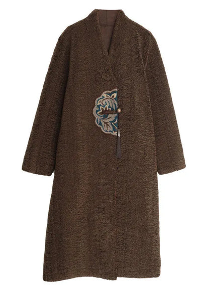 Unique White V Neck Embroidered Patchwork Winter Thick Coats Wool Overcoat