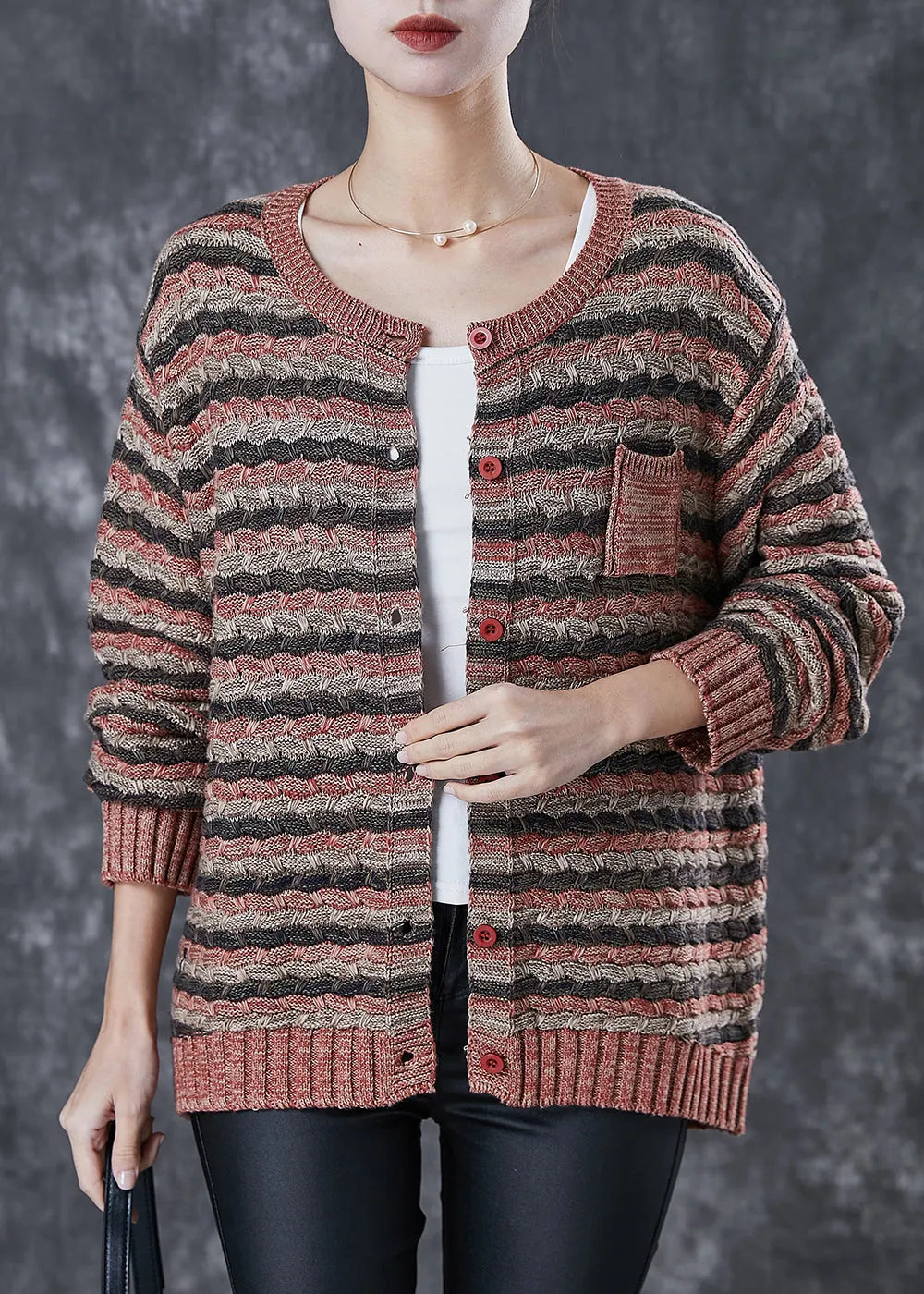 Khaki Striped Thick Knit Cardigans Spring