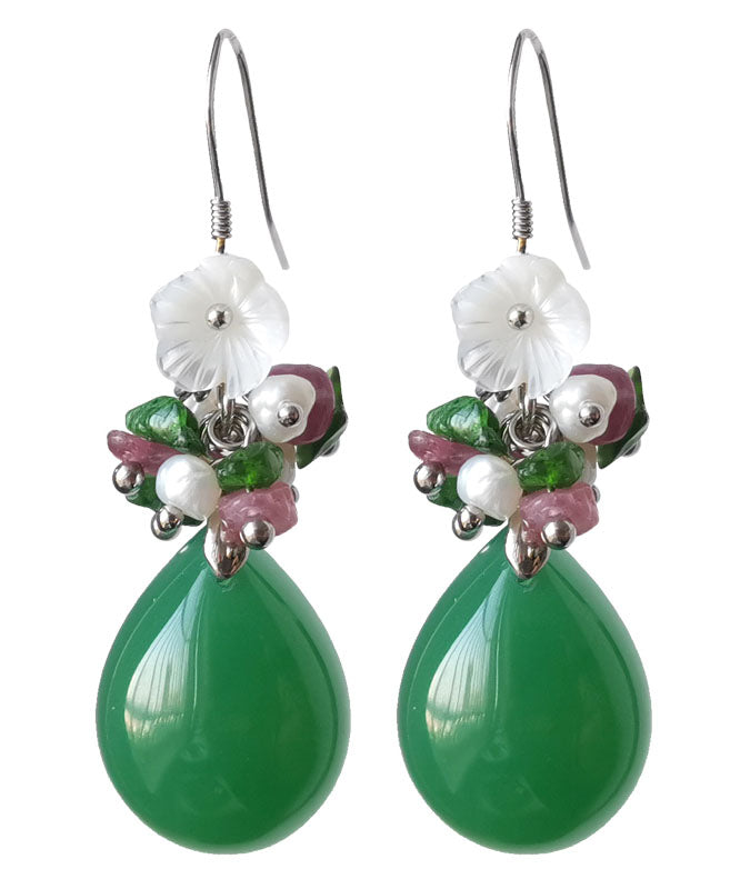 Green Silver Inlaid Shell Flower Chalcedony Pearl Drop Earrings