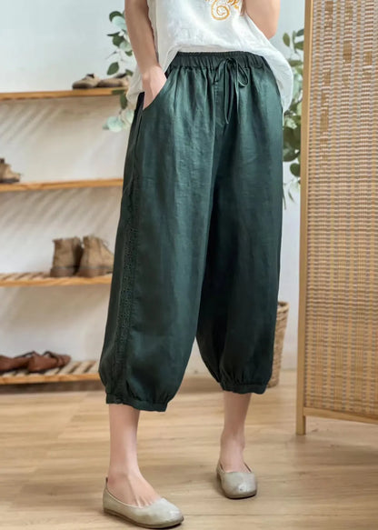 Linen Color Hollow Out Pockets Elastic Waist Harem Pants Summer