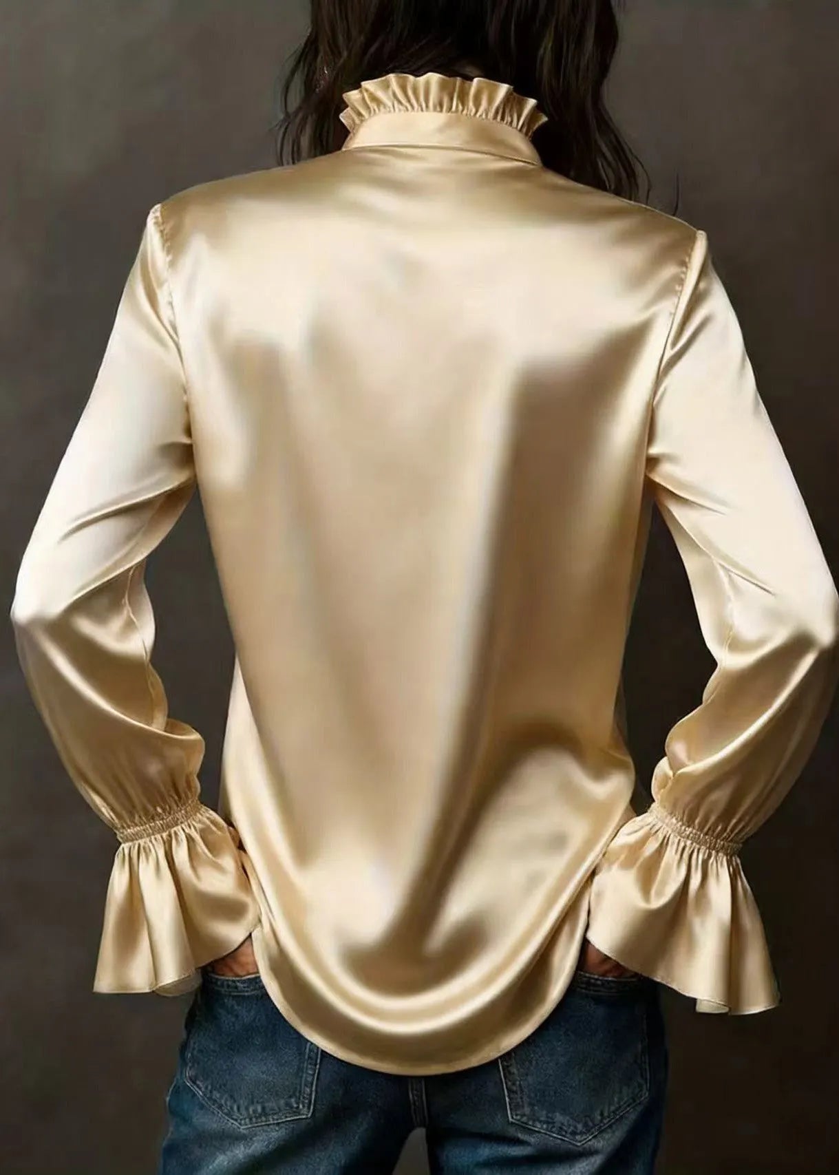 Champagne V Neck Silk Top Flare Sleeve