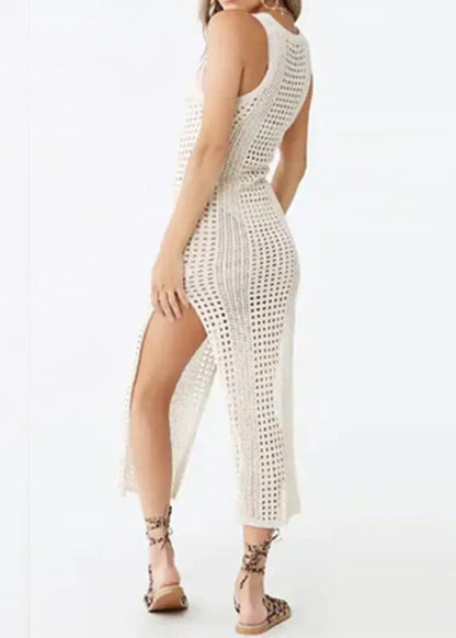 New Apricot O Neck Hollow Out Side Open Knit Dress Sleeveless