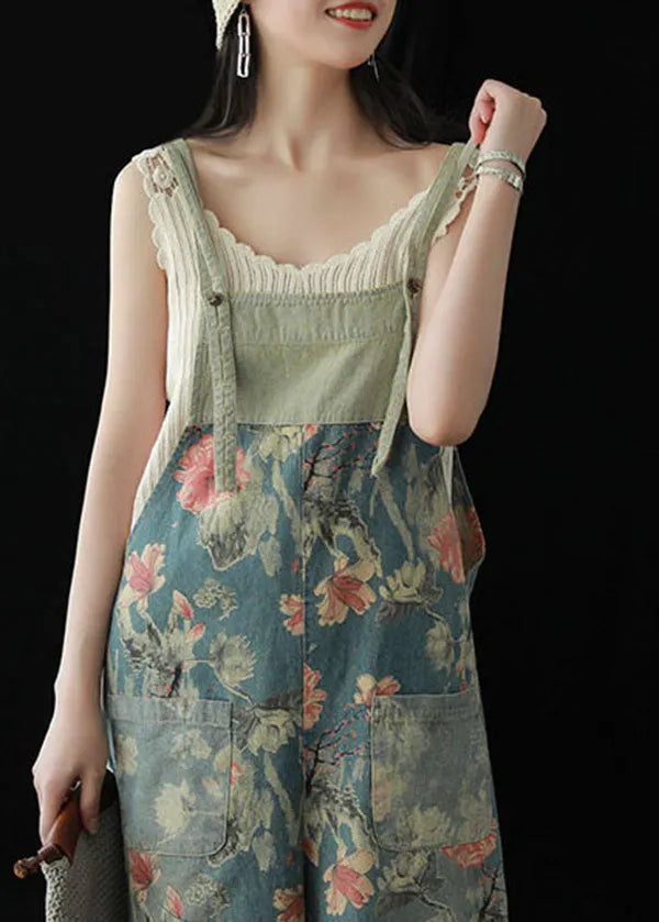 Blue Pockets Patchwork Print Cotton Denim Wide Leg Pants Jumpsuit