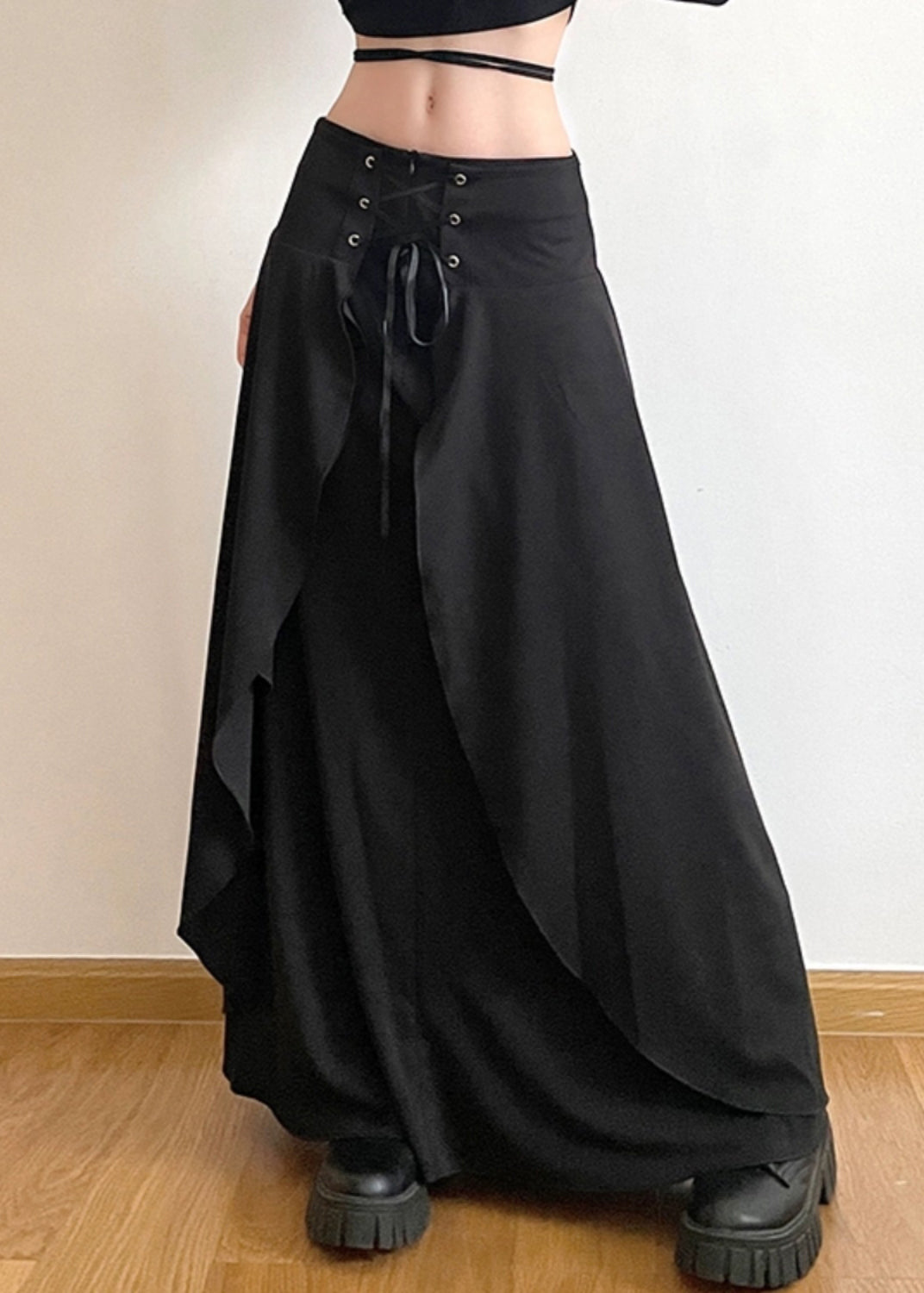 New Black Lace Up High Waist Cotton Skirts Summer